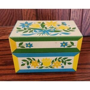 Vintage Syndicate Mfg Metal Recipe Box Yellow Turquoise Green White Floral